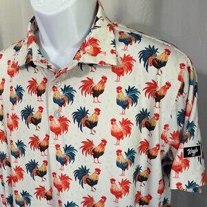 Waggle Men's off white with Roosters all over s/s golf polo shirt Large L EUC